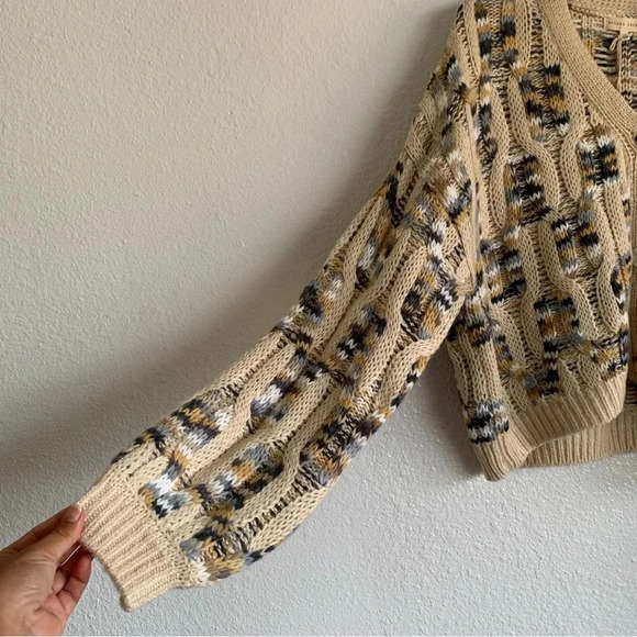Gilded Intent Cable Knit Cardigan Sweater Cream Blue Camel Tones Size Small - Picture 8 of 12